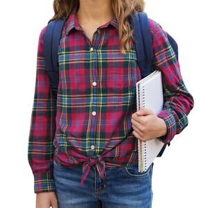 Crewcuts Girls 14 Plaid Flannel Shirt Blouse Tie Front Button Down